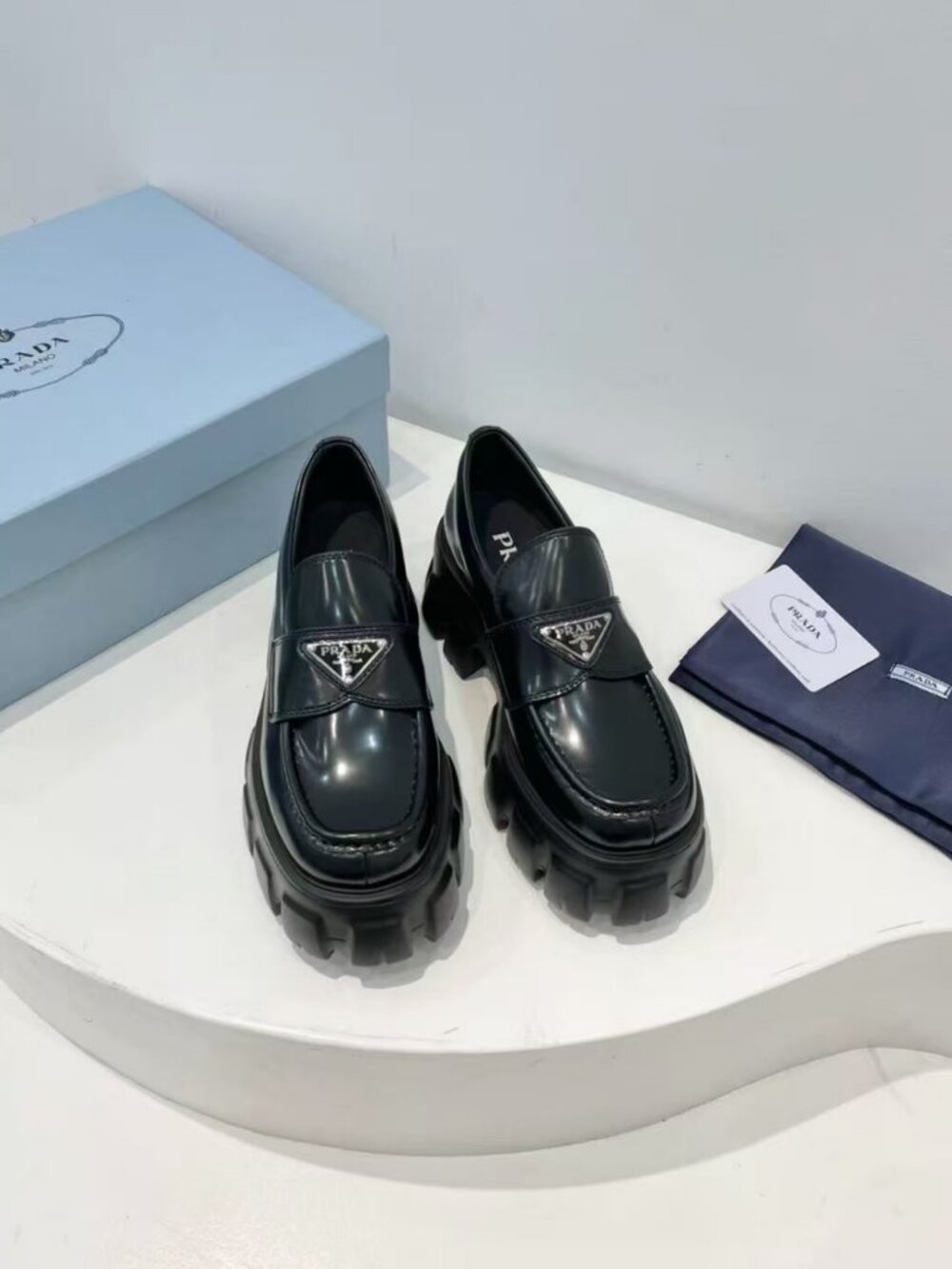 Prada Black Round Toe Platform Slip‑On Loafer Shoes